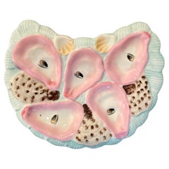 Antique Continental Porcelain Blue & Pink Crescent-Shaped Oyster Plate, Ca. 1890