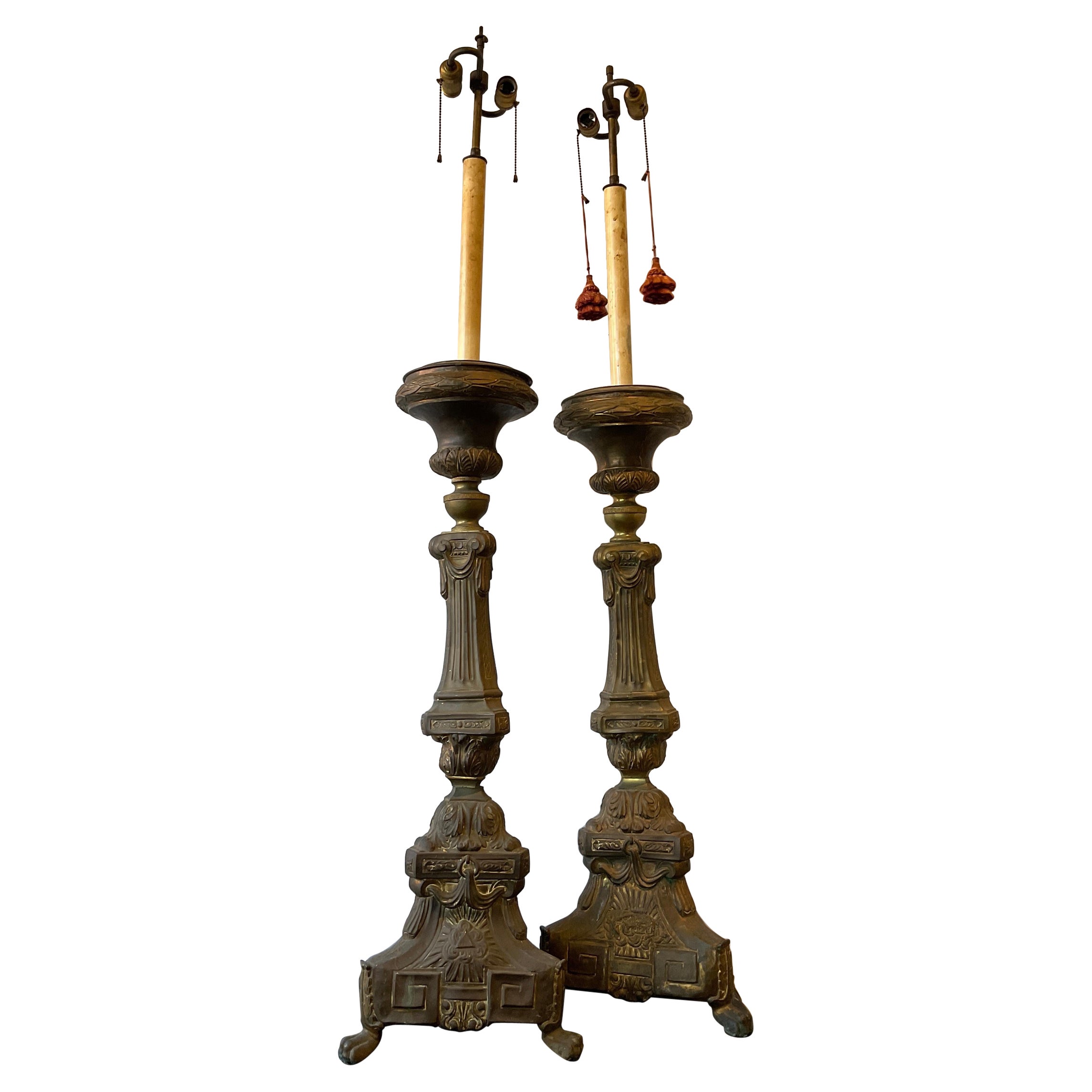 Pair of Tall 1870s Brass Church Candlestick Lamps For Sale
