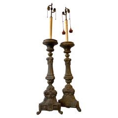 Vintage Pair of Tall 1870s Brass Church Candlestick Lamps