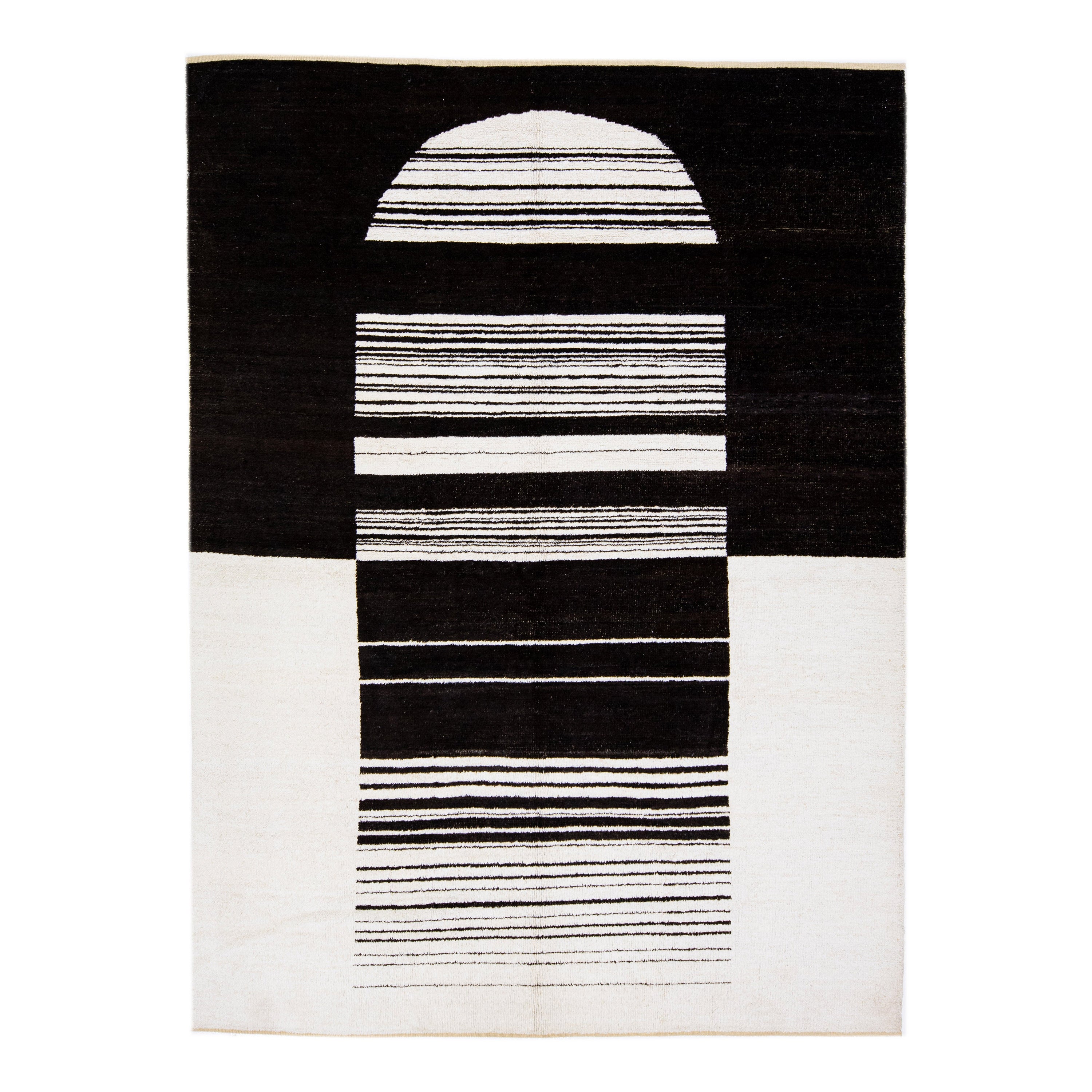 Handmade Minimalist Modern Moroccan Style Wool Rug in Balck & White