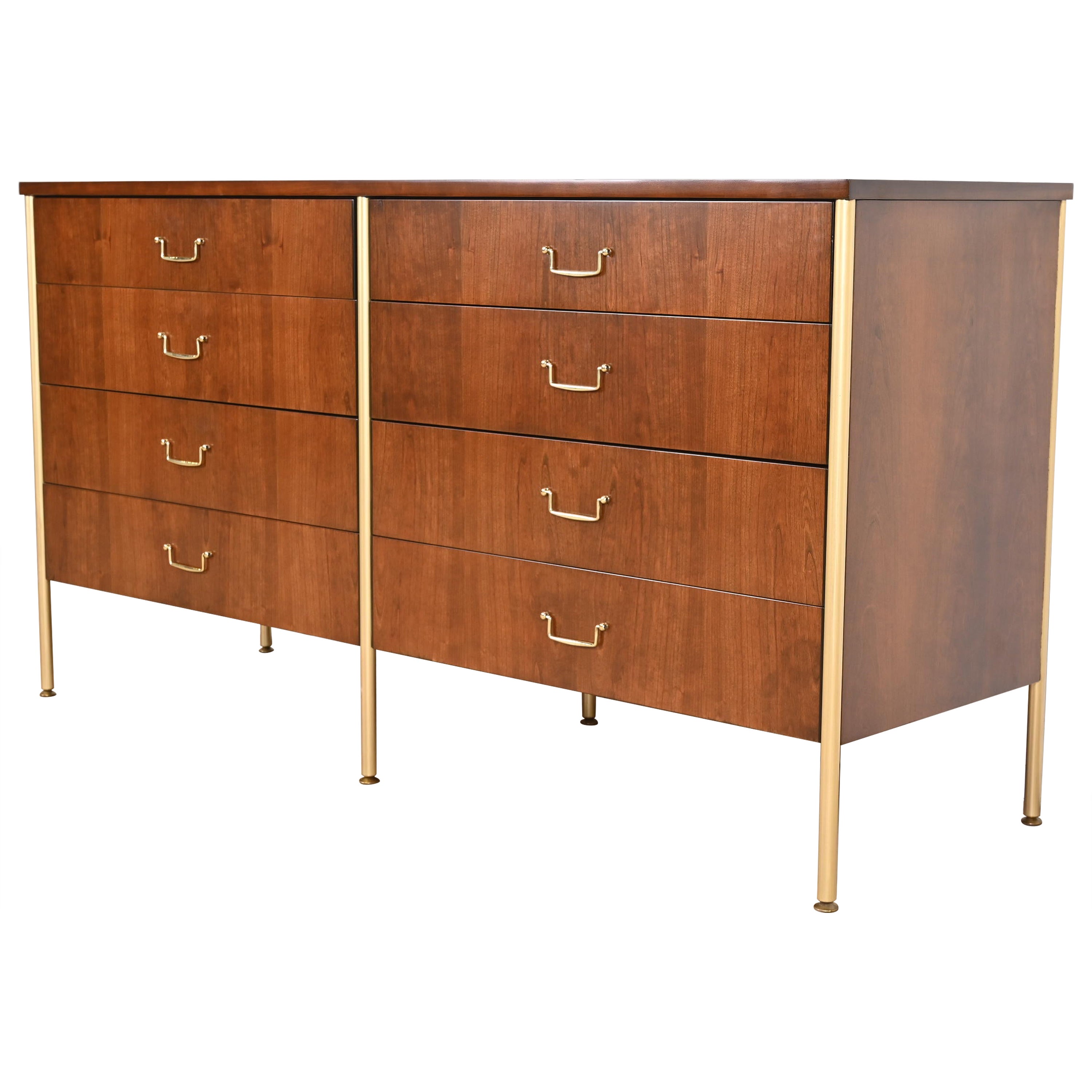 Milo Baughman for Directional Cherry and Brass Double Dresser, Newly Refinished For Sale