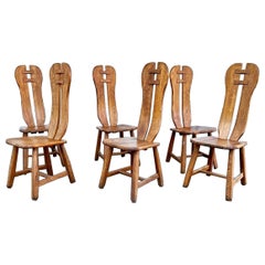 Set of 6 Solid Oak Brutalist Dining Chairs by De Puydt, circa 1960s, Belgium