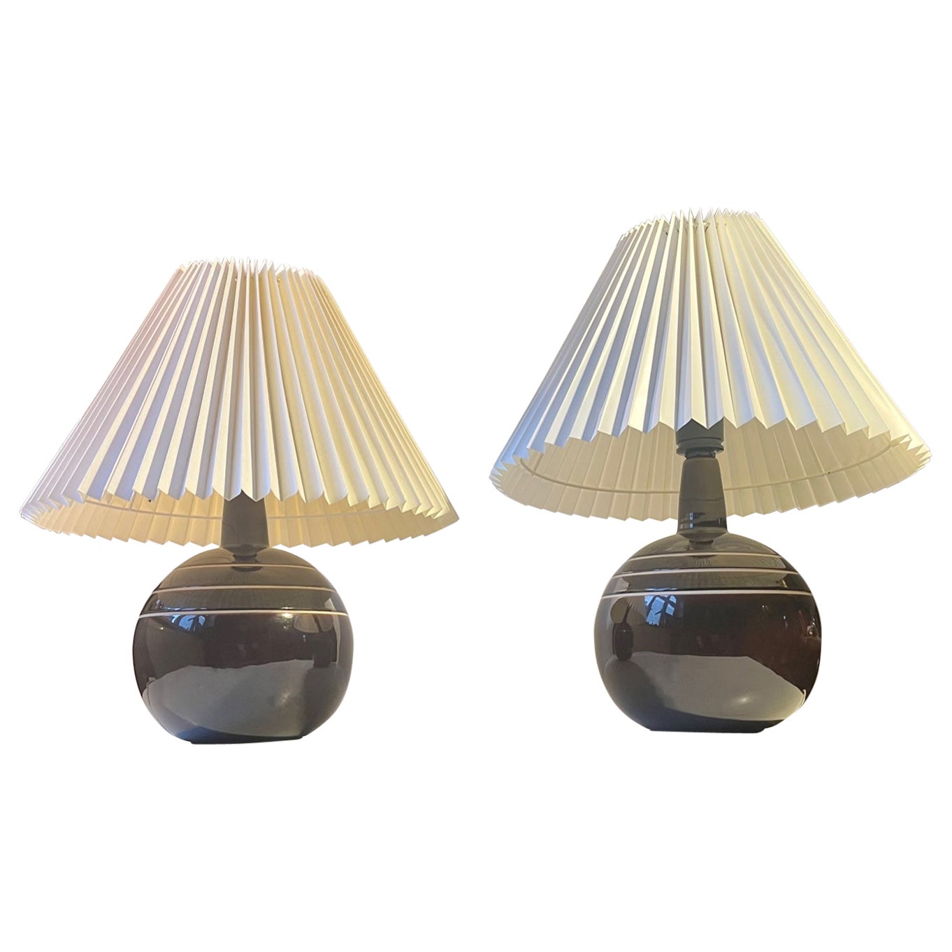 Spherical Scandinavian Modern Table Lamps in Brown Glazed Ceramic