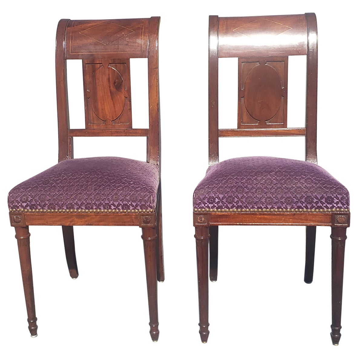 19th Century George Jacob Continental Brass Inlaid Mahogany Side Chairs, a Pair For Sale