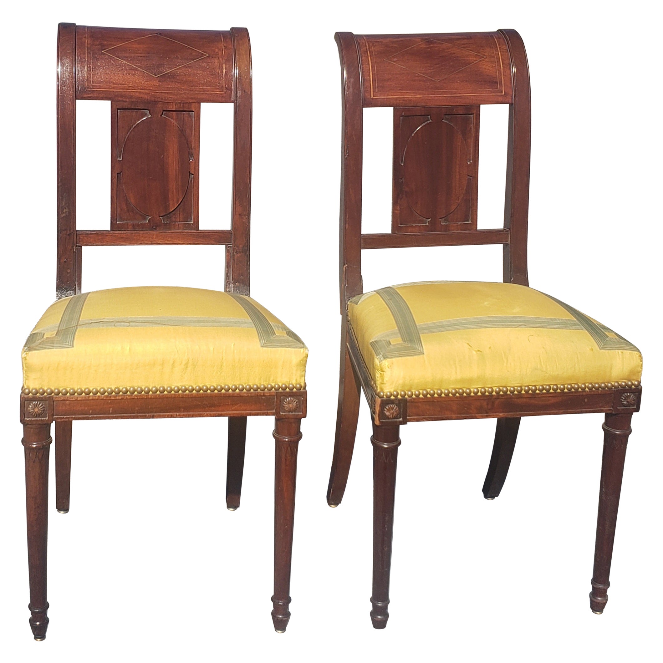 19th Century George Jacob Continental Brass Inlaid Mahogany Side Chairs, a Pair For Sale