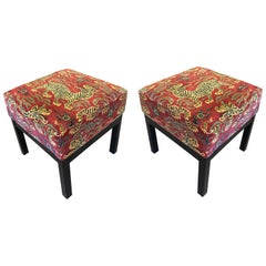 Pair of Classic Square Low Stools in Clarence House Tibet Dragon