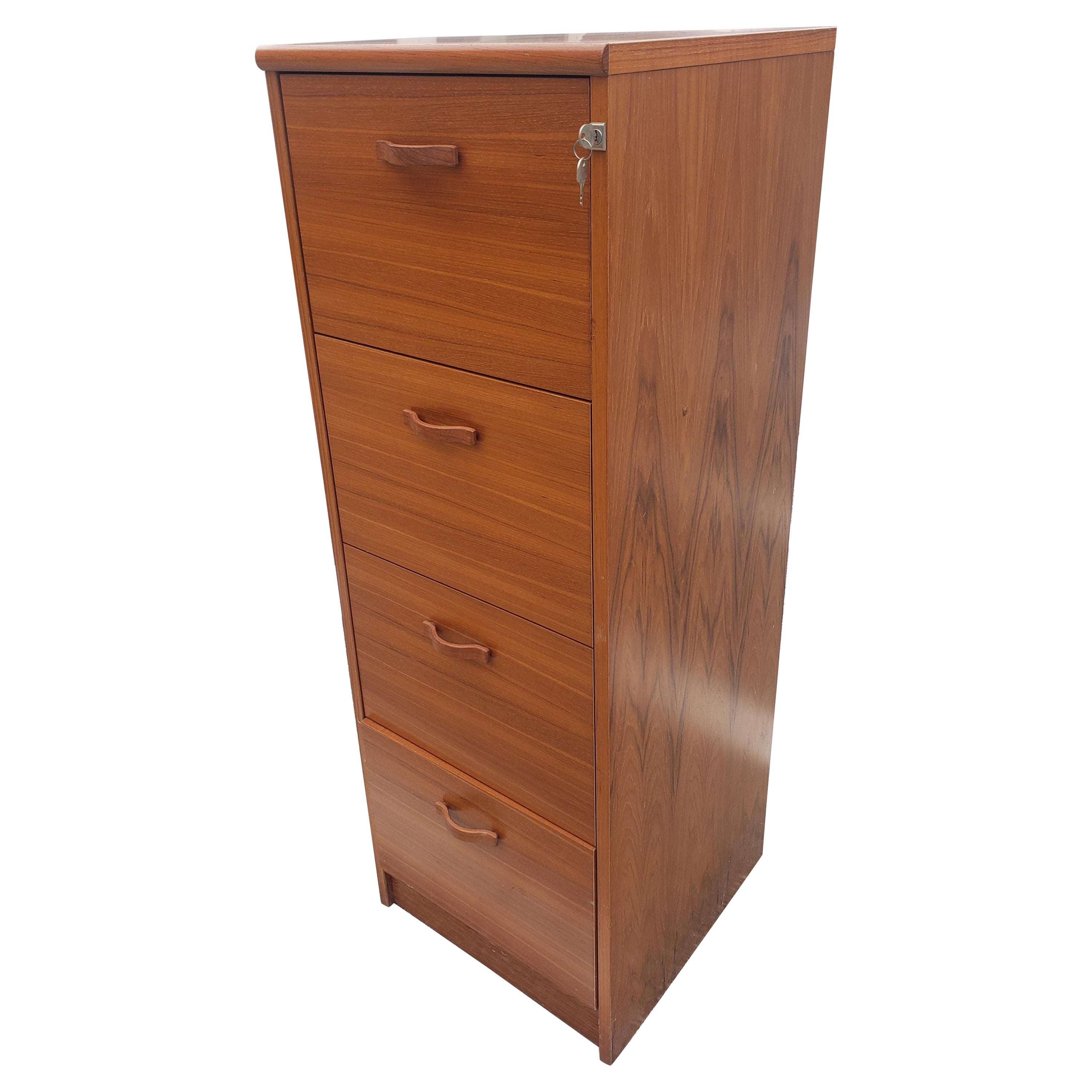 Teak Four Drawer Vertical Locking Filing Cabinet For Sale