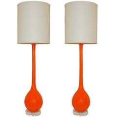 Vintage Orange Murano Long Neck Lamps by Seguso