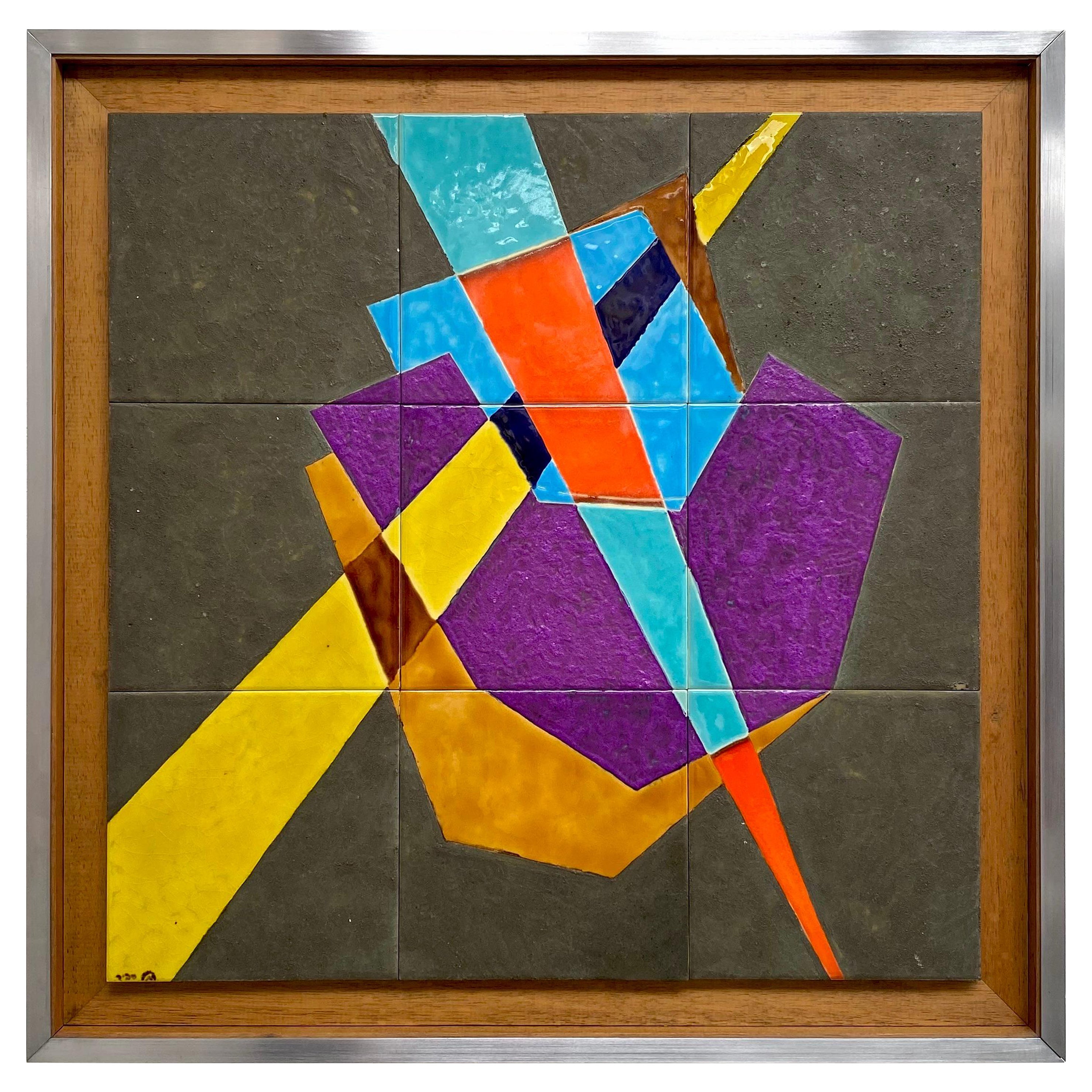 1970s Colourful Abstract Glazed Tiles in Aluminium Frame Signed Rachel Savir For Sale