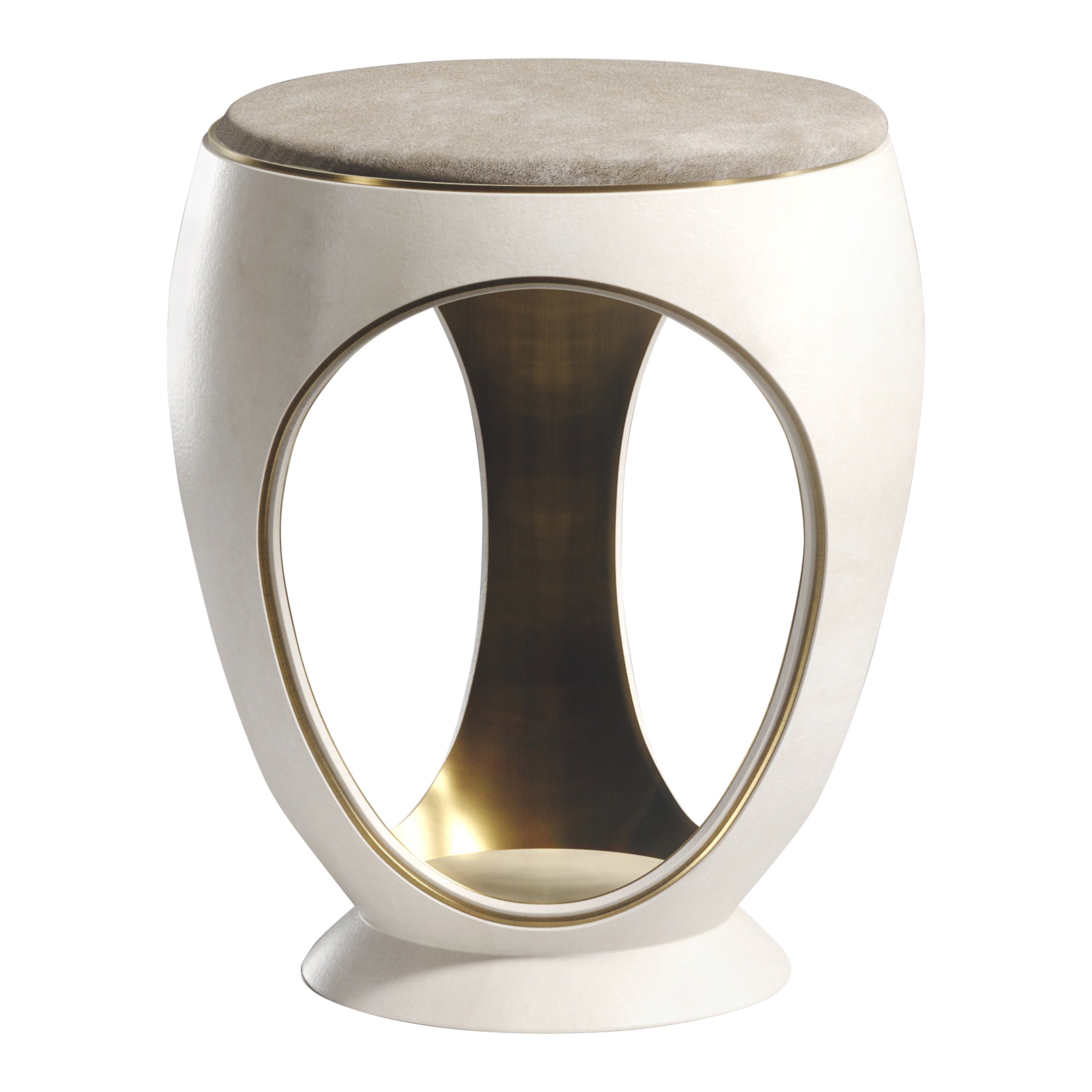 Parchment Stool with Velvet Upholstery and Bronze-Patina Brass by R&Y Augousti