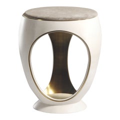 Parchment Stool with Velvet Upholstery and Bronze-Patina Brass by R&Y Augousti