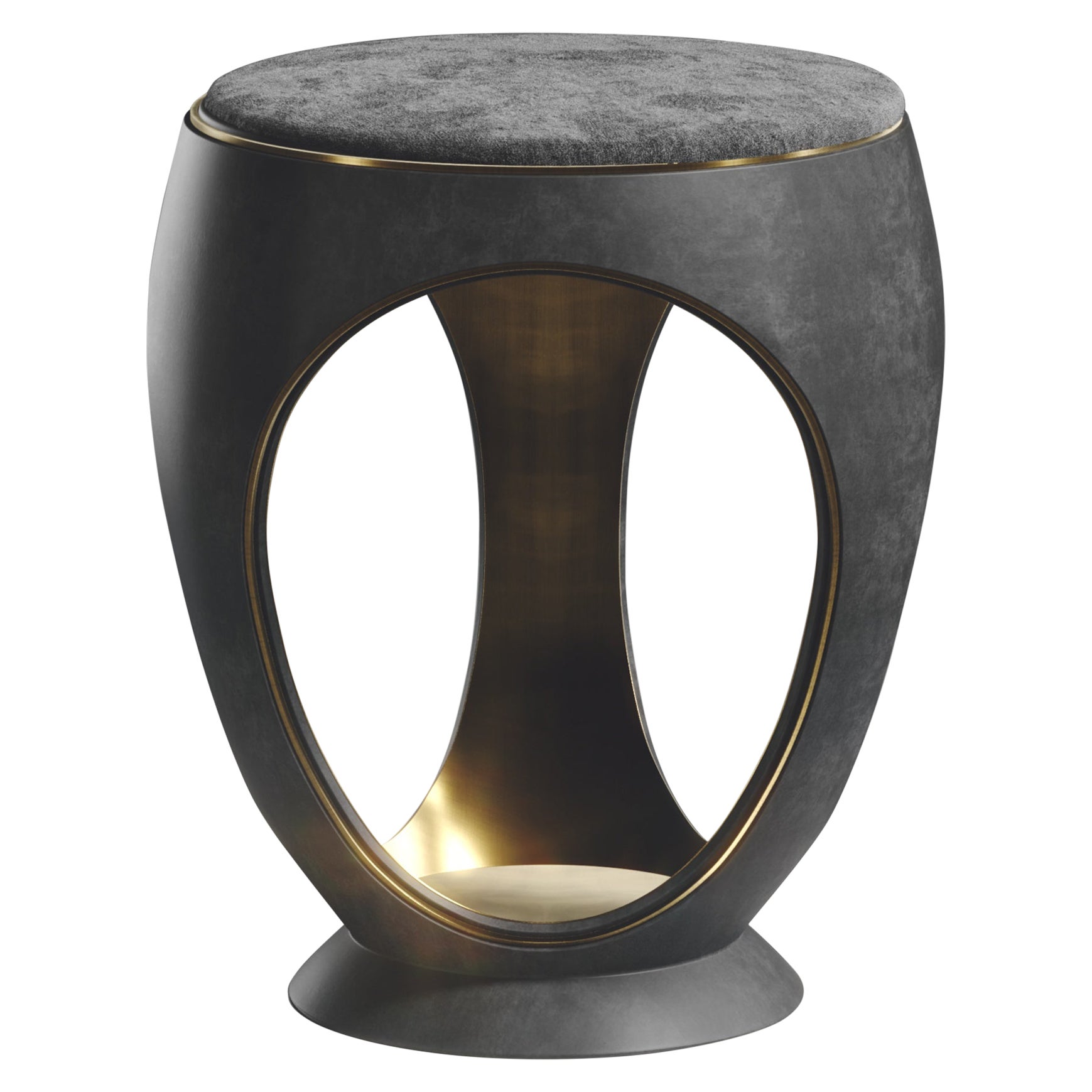 Parchment Stool with Velvet Upholstery and Bronze-Patina Brass by R&Y Augousti