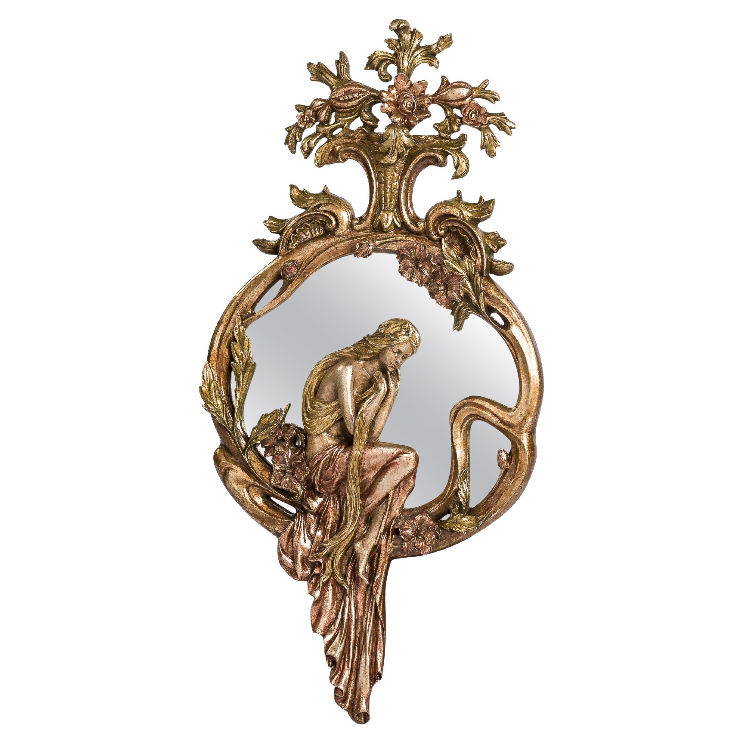 Antique French Art Nouveau or Jugendstil Silver Leaf Gilt and Patinated Mirror