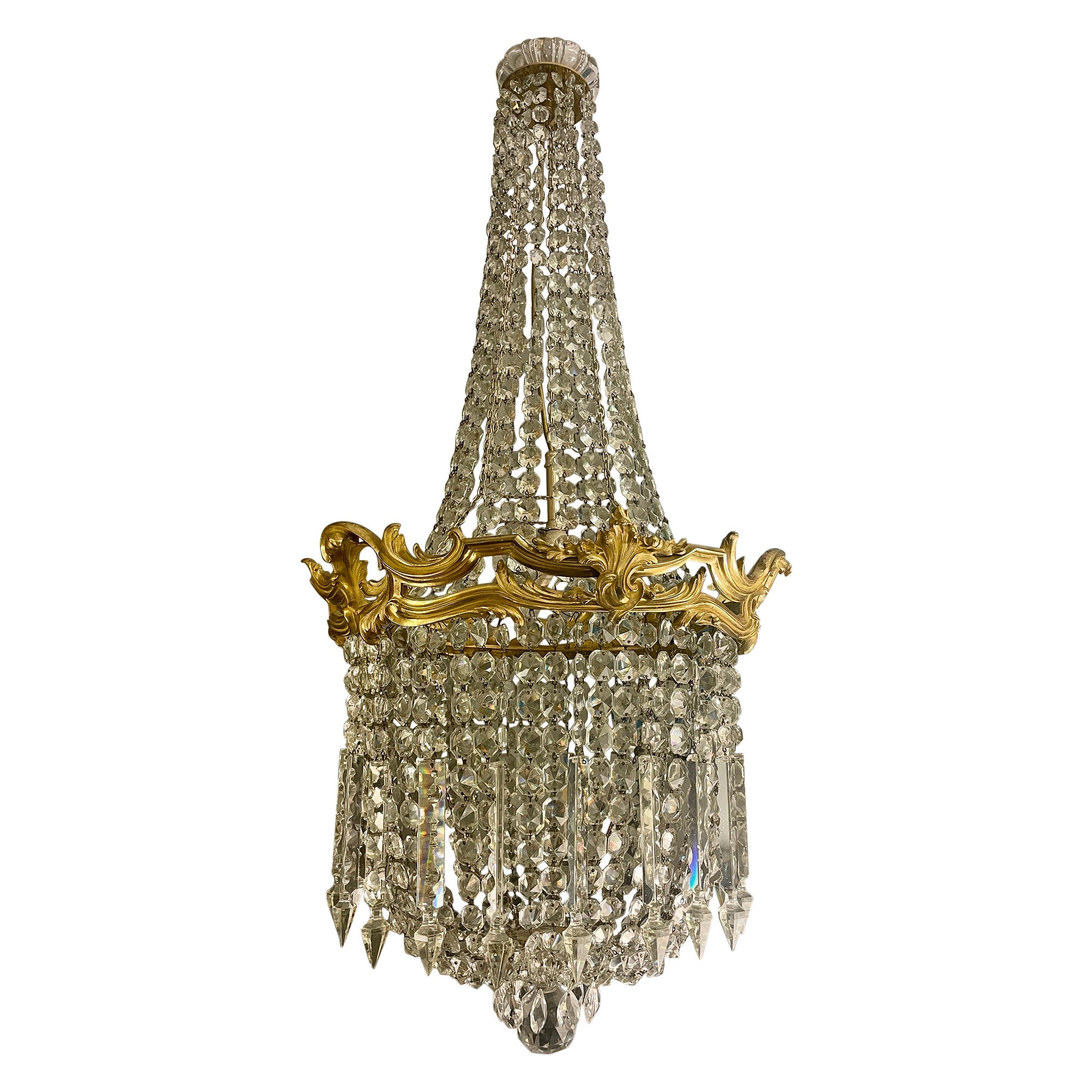 Large French Antique Gilt Bronze and Crystal Chandelier