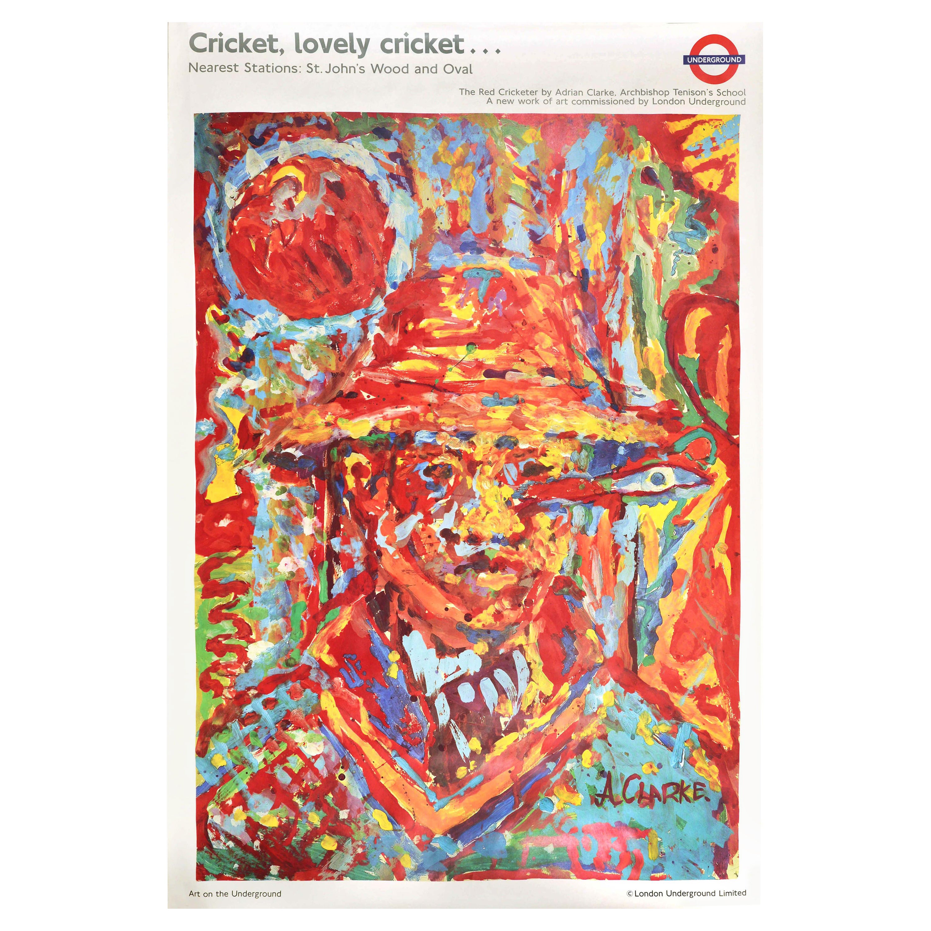 Original Vintage London Underground Poster Lovely Cricket Oval Red Cricketer Art For Sale