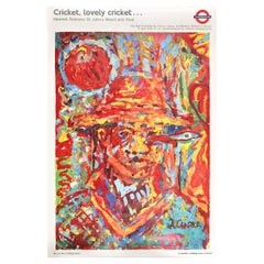 Original Vintage Londoner U-Bahn-Poster, „Lovely Cricket“, oval, rot, Cricketer, Kunst