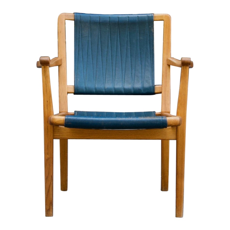 Oak & Teal Leather Armchair, Axel Larsson, 1936 For Sale