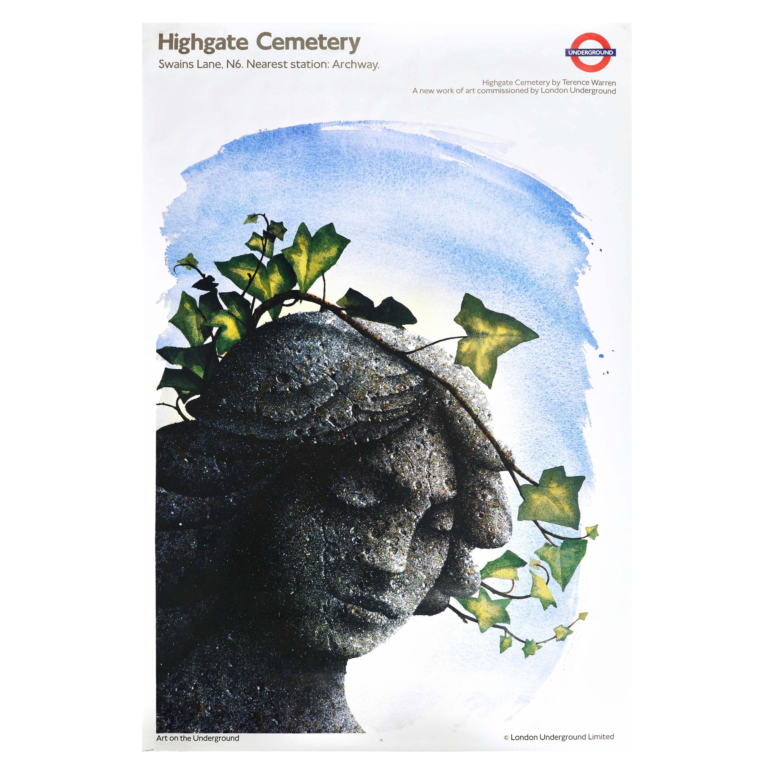 Original Vintage London Underground Poster Highgate Cemetery Headstone Angel Art For Sale