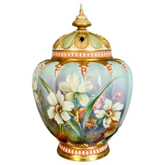 Vase pot-pourri en porcelaine Royal Worcester, orchidées peintes à la main, F.Roberts, 1901