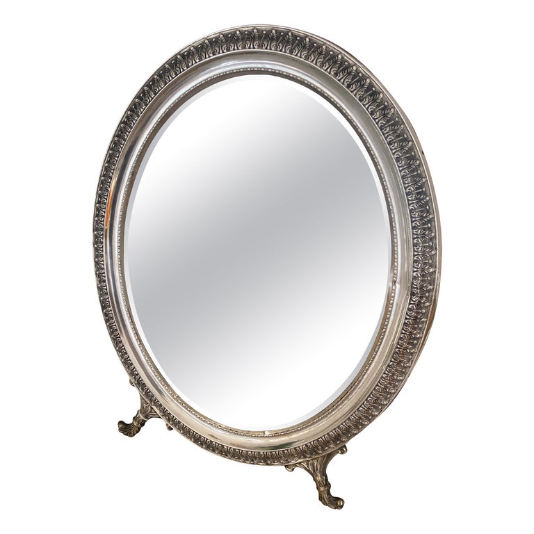 Silver Table Mirror Oval Frame Made in Italy, 1950 For Sale at 1stDibs