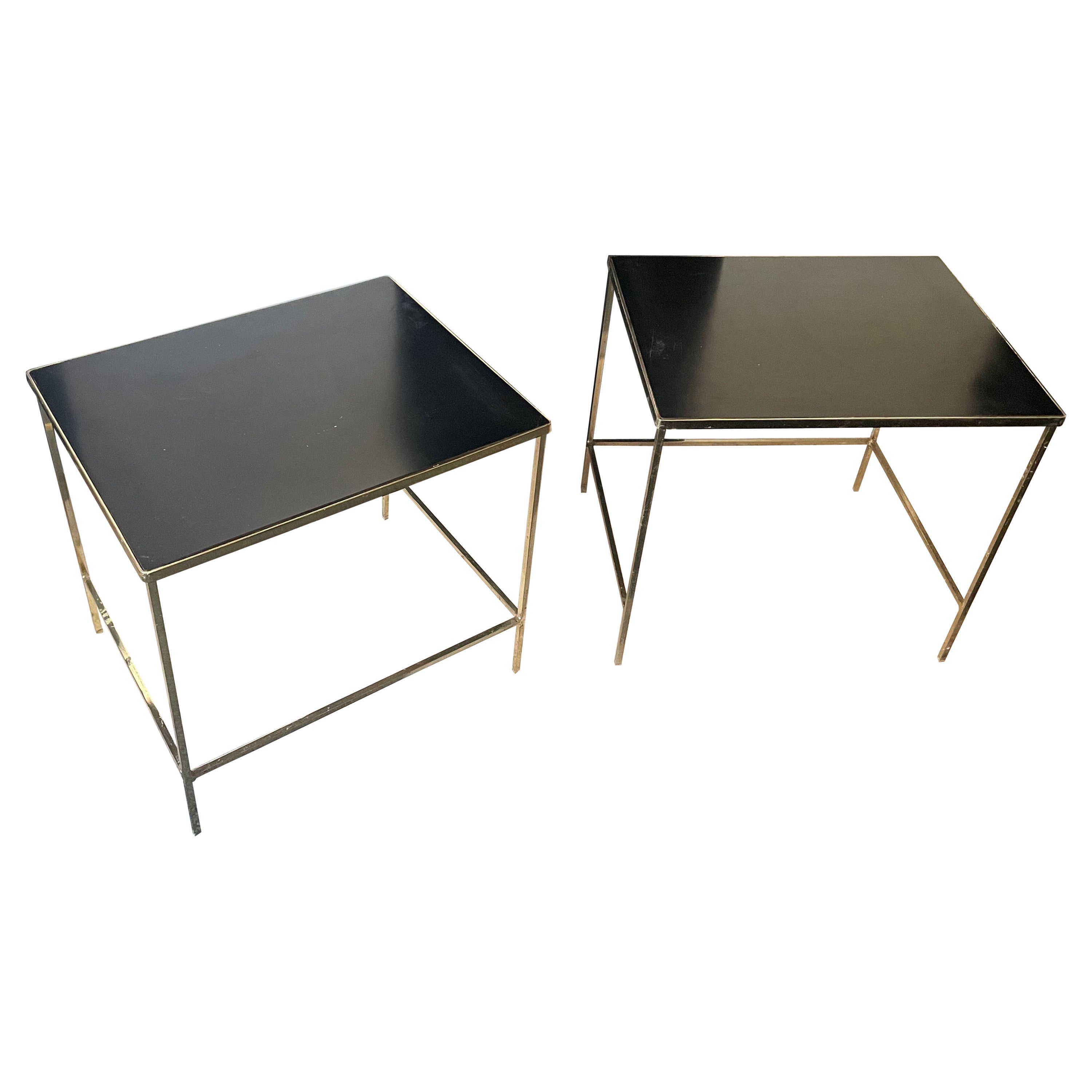 Pair of Minimalist Gilt Side Tables with Black Formica Tops, France, 1970