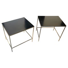 Vintage Pair of Minimalist Gilt Side Tables with Black Formica Tops, France, 1970