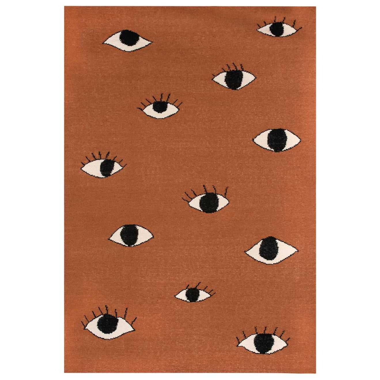 Modern Handwoven Flat-Weave Wool Kilim Rug Eyes Orange For Sale