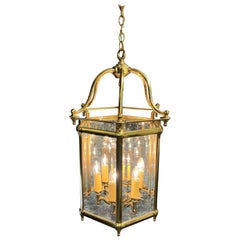 20th Century Pair Of Hexangonal Shaped Brass Roof Hung Lanterns