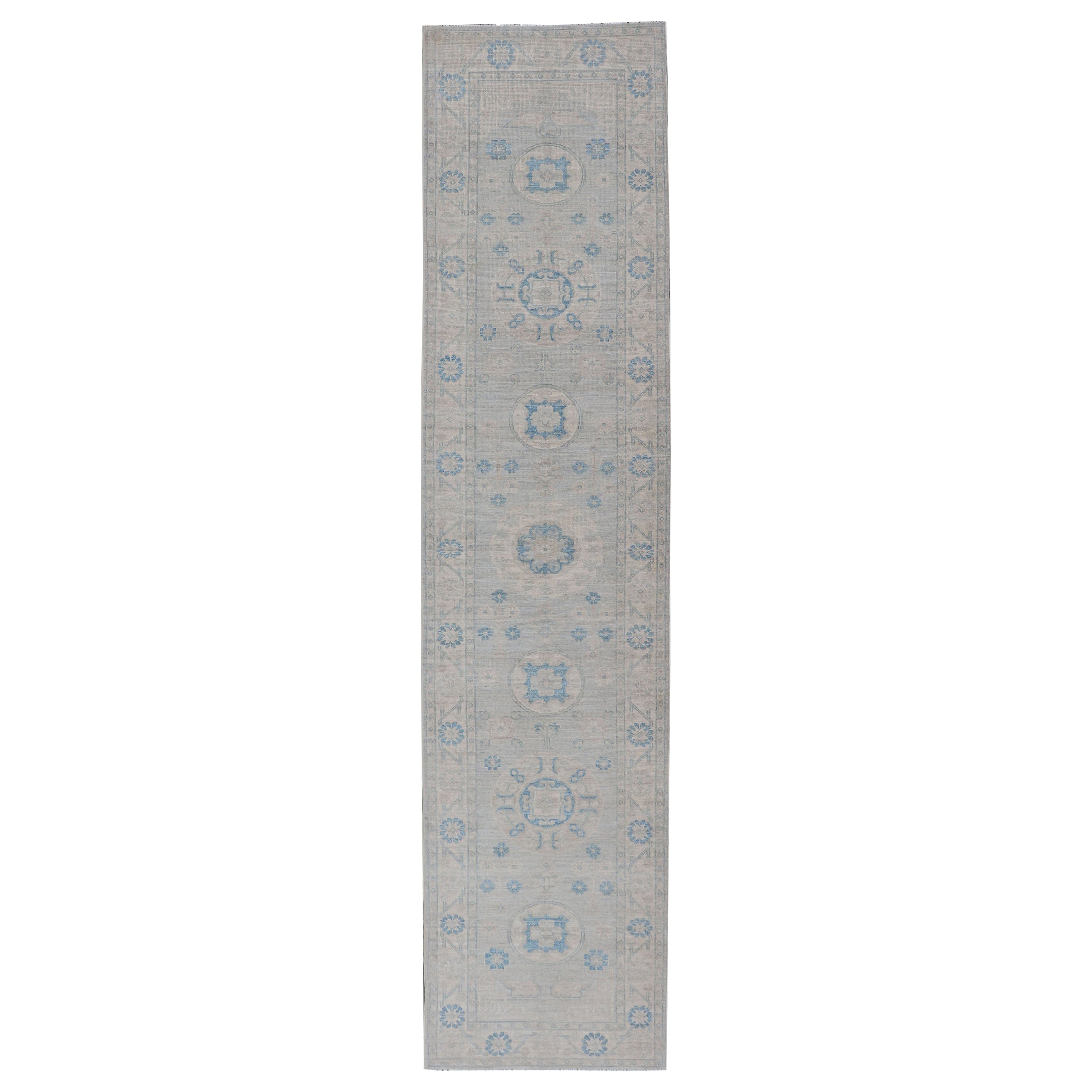 Modern Oushak Medallion Design Runner In Blue & Earthy Colors With Medallions 