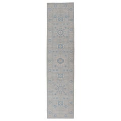 Modern Oushak Medallion Design Runner In Blue & Earthy Colors With Medallions 