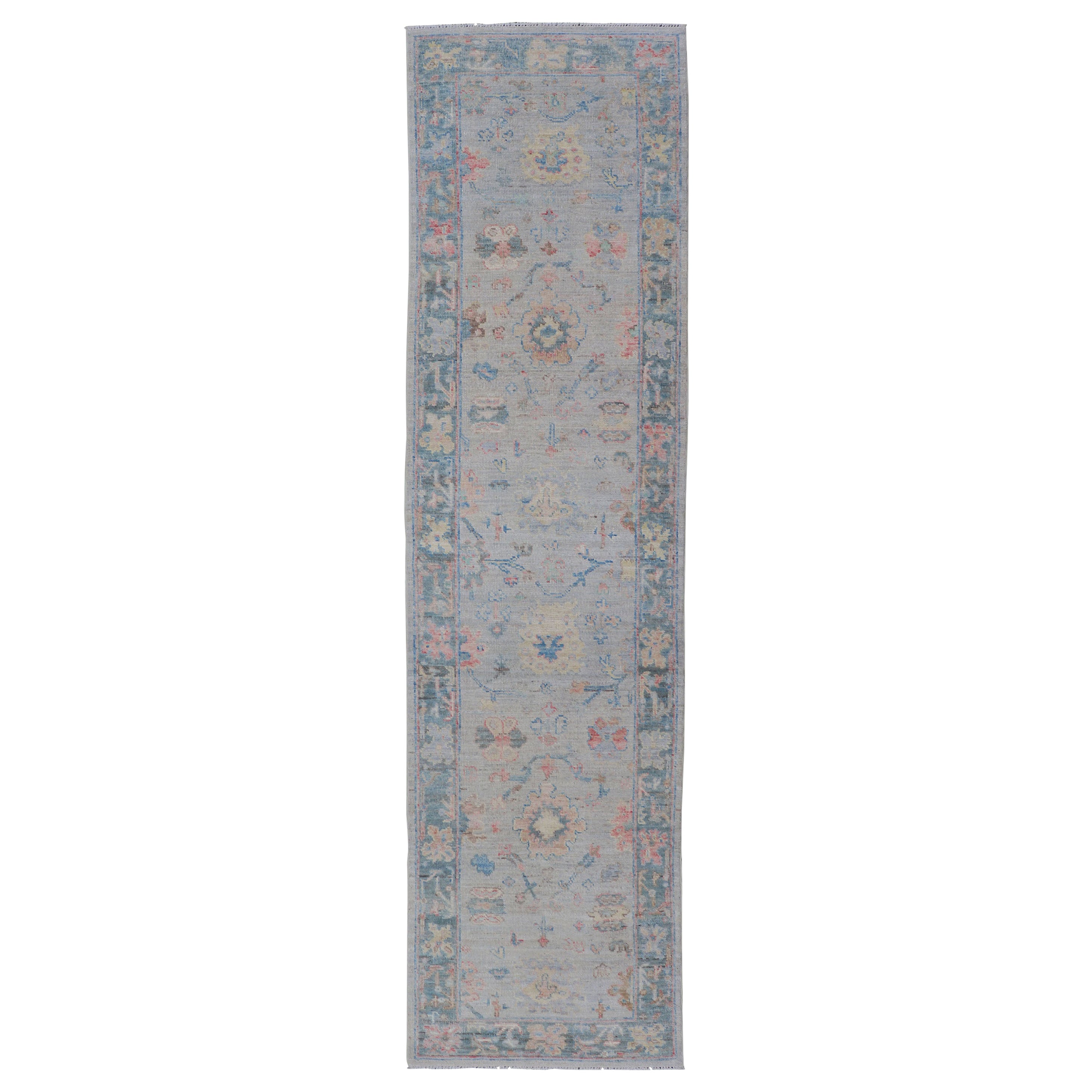 Hand Knotted Modern Oushak Runner on Light Gray Field and Colorful Motifs For Sale