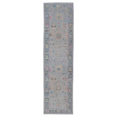 Hand Knotted Modern Oushak Runner on Light Gray Field and Colorful Motifs