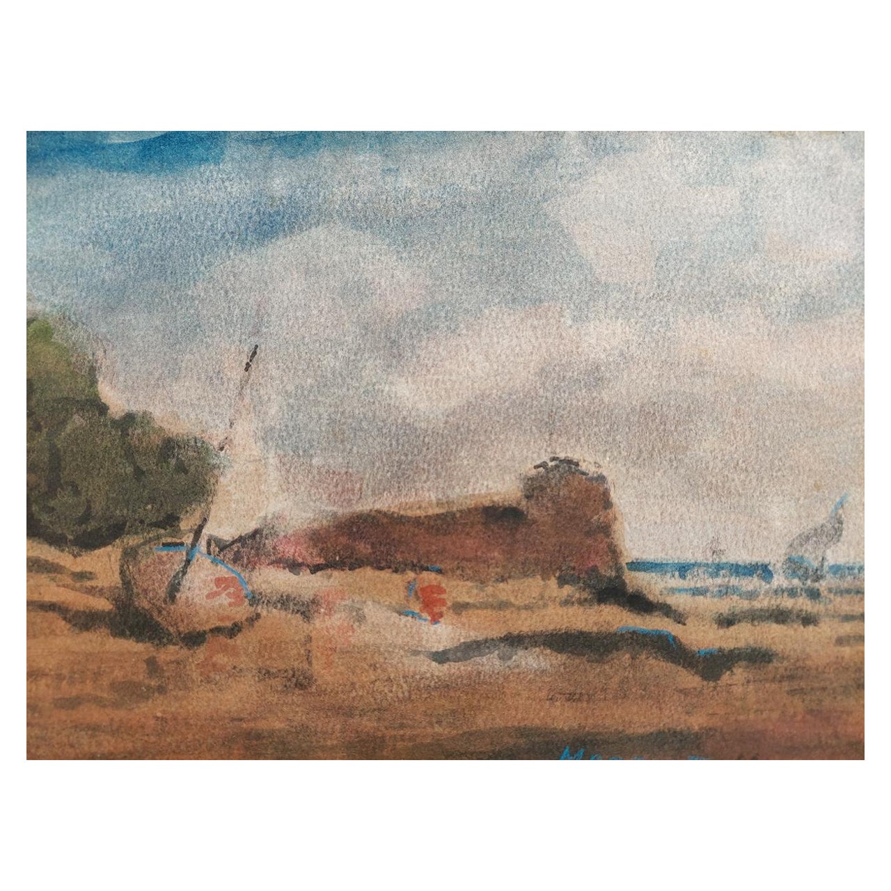 Peinture cubiste française de style moderniste - Bateau tiré sur la côte