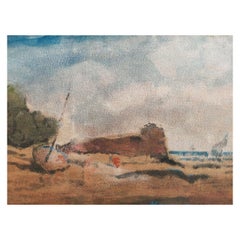 Retro French Modernist Cubist Painting Boat Pulled Up on the Shore