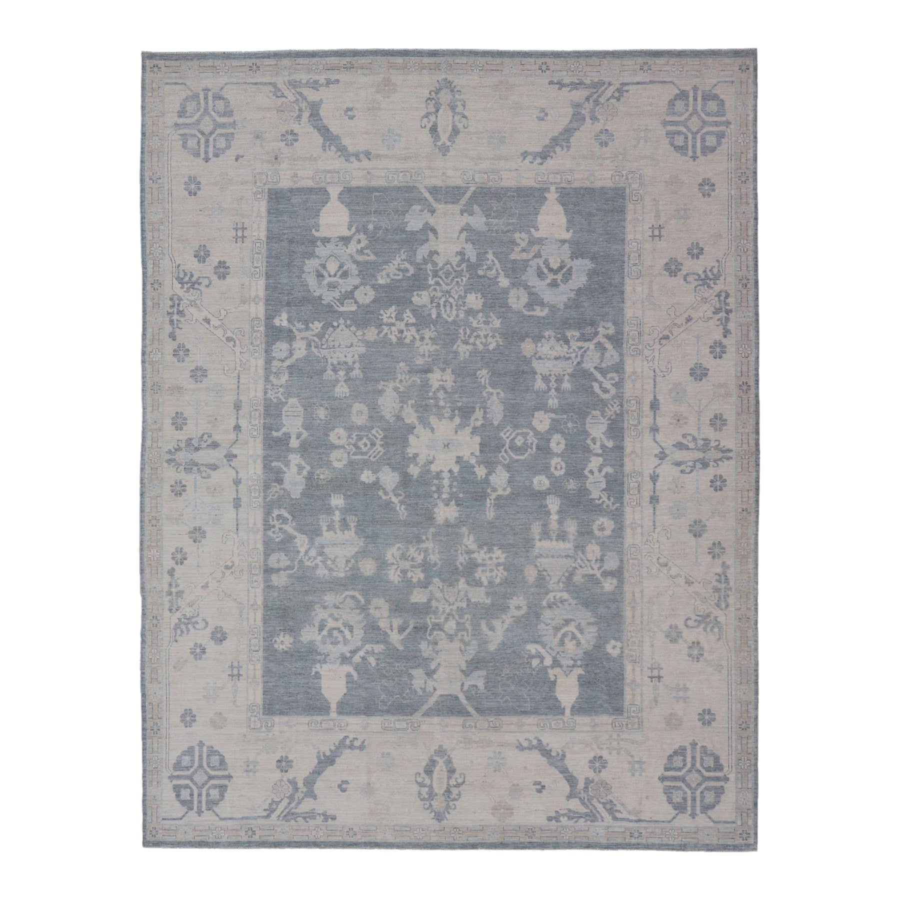 Large Modern Oushak Rug with Muted Tones of Blue, Gray, and Cream