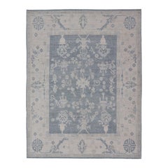 Large Modern Oushak Rug with Muted Tones of Blue, Gray, and Cream