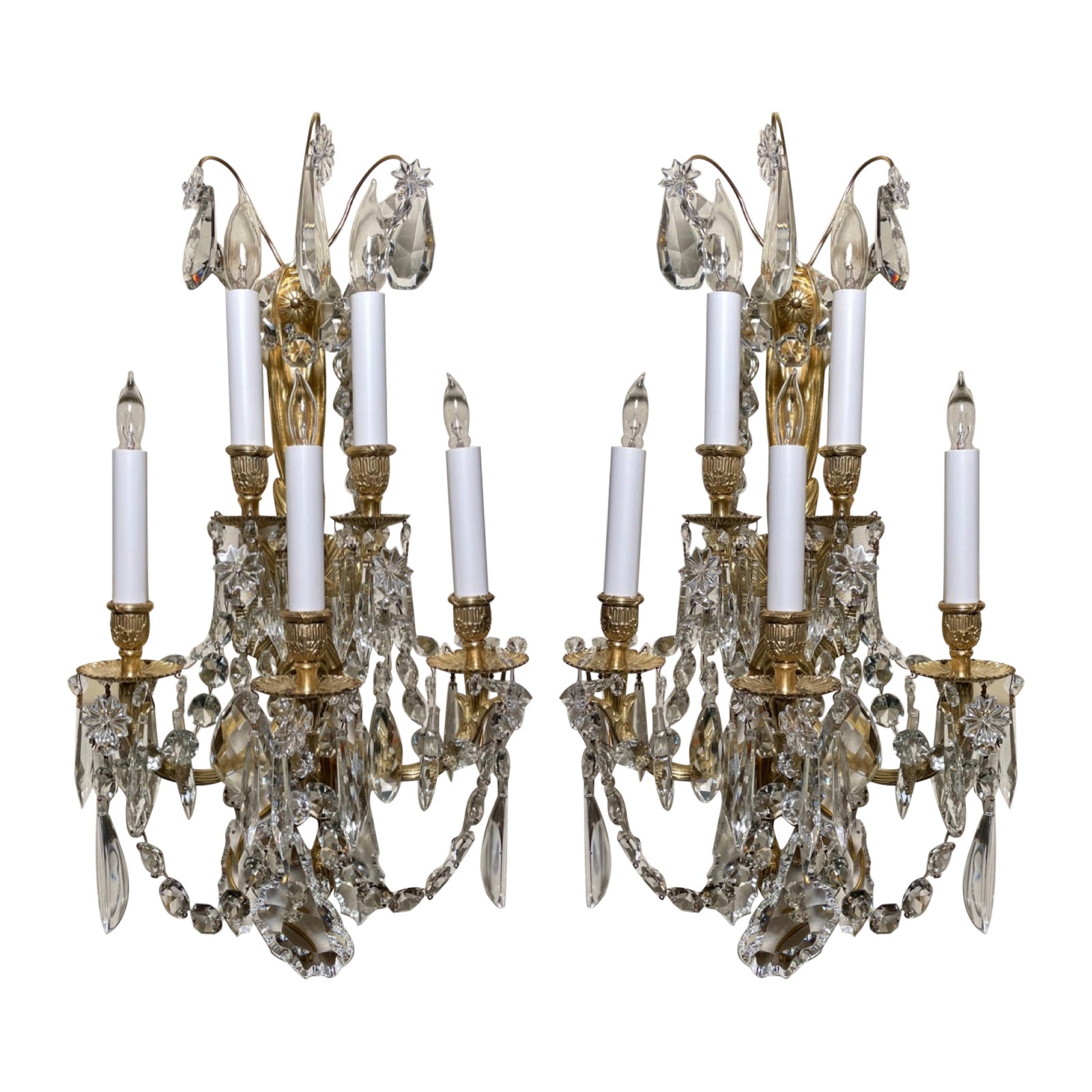Pair Antique French Bronze D' Ore and Crystal Wall Sconces, circa 1890s