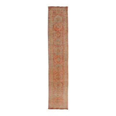 Vintage Long Turkish Oushak Runner with Tribal Medallions in Soft Red
