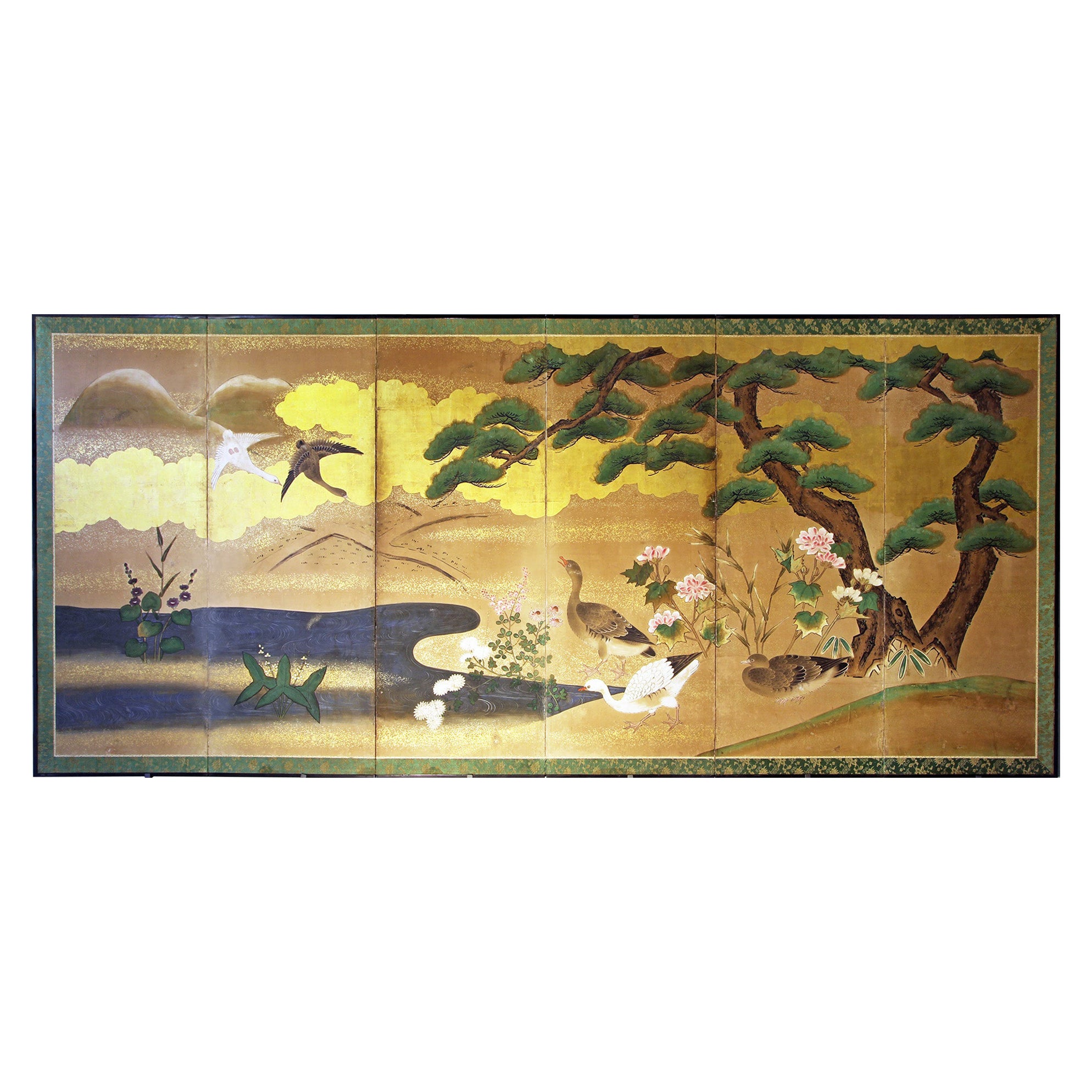 Edo Japanese Folding Screen Gold Leaf Six Panels, Decorative Asian Landscape