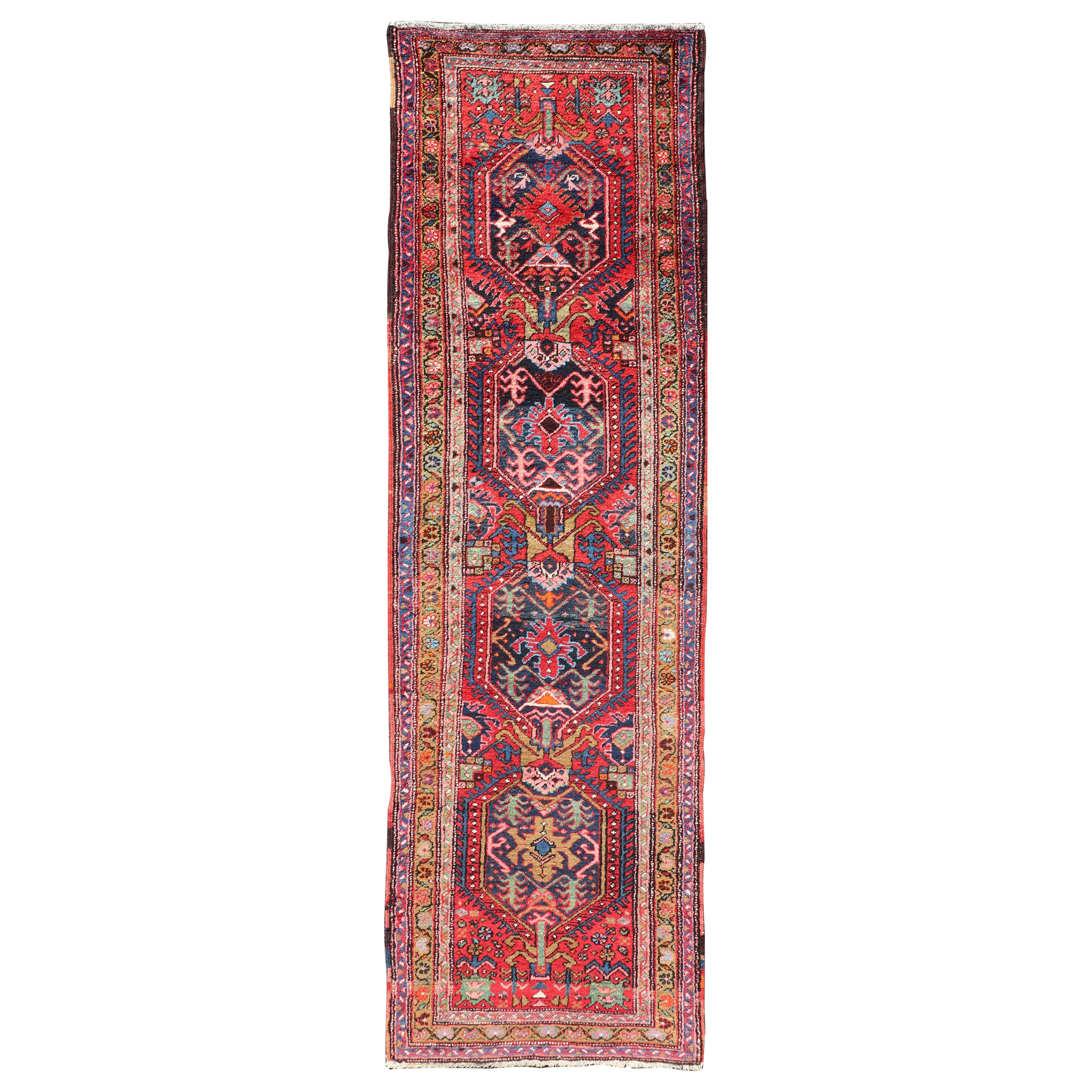 Antique Persian Heriz Runner with All-Over Sub-Geometric Medallion Design For Sale