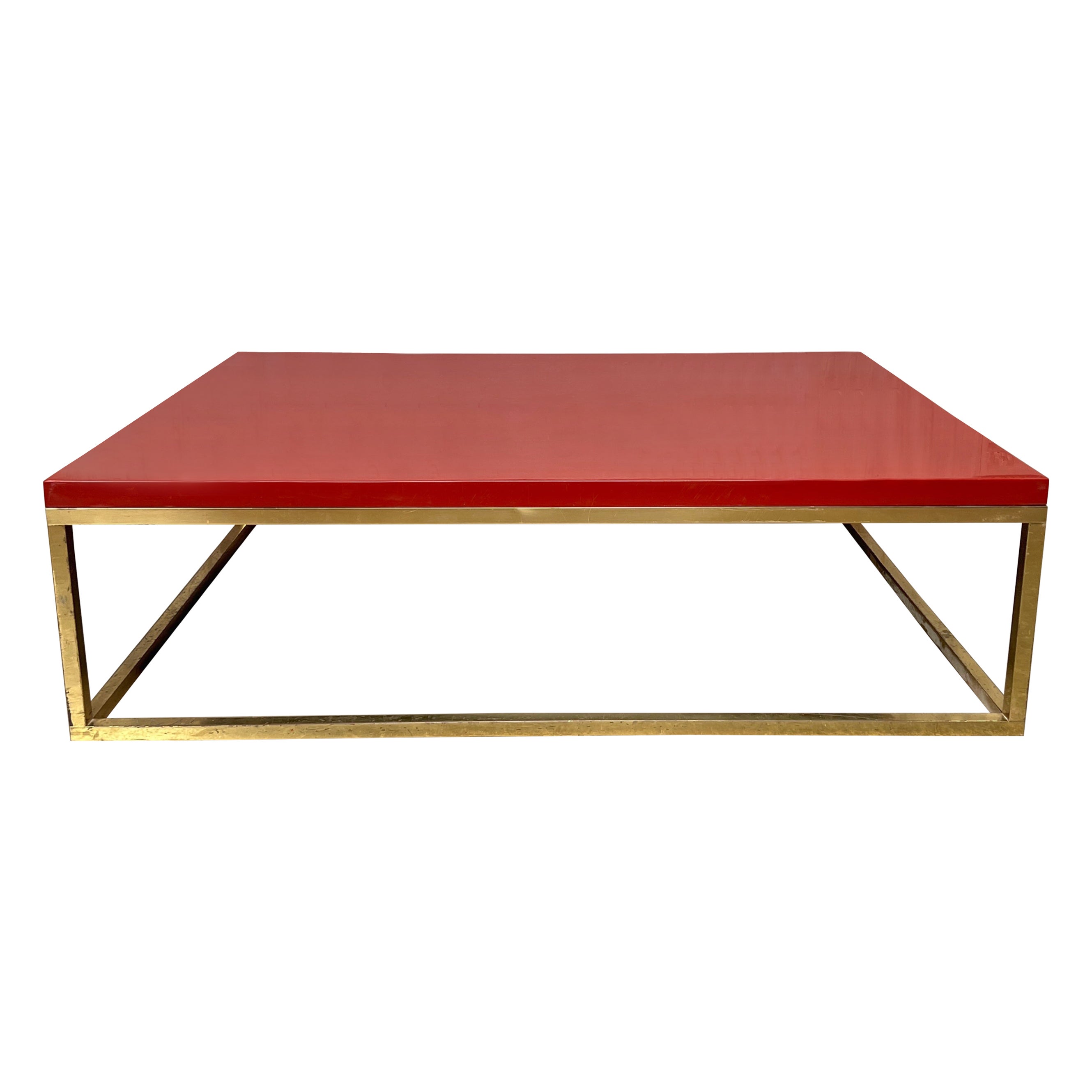 French 1970s Red Lacquer and Brass Coffee Table