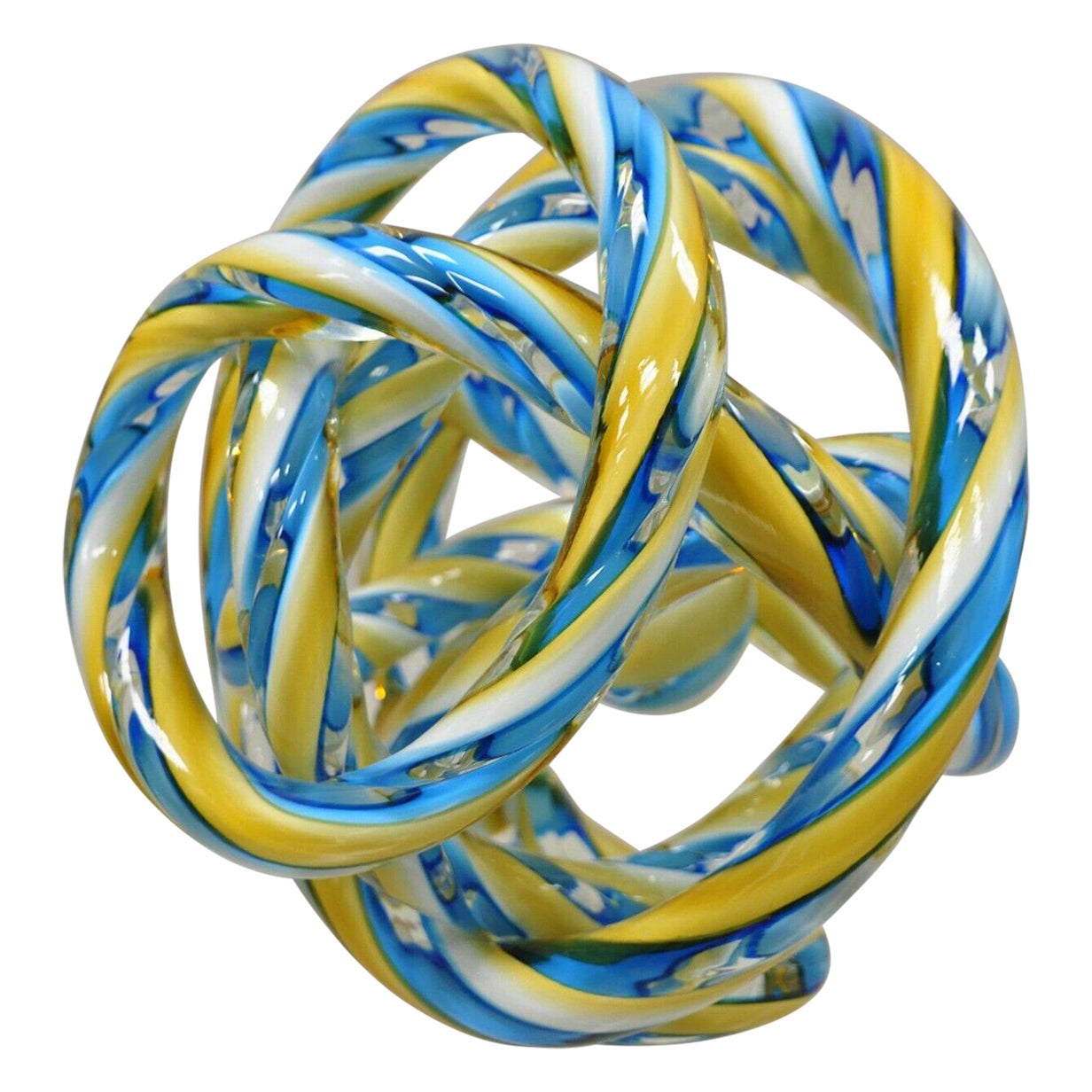 Murano Art Glass Swirl Infinity Knot of Love Blue and Yellow For Sale