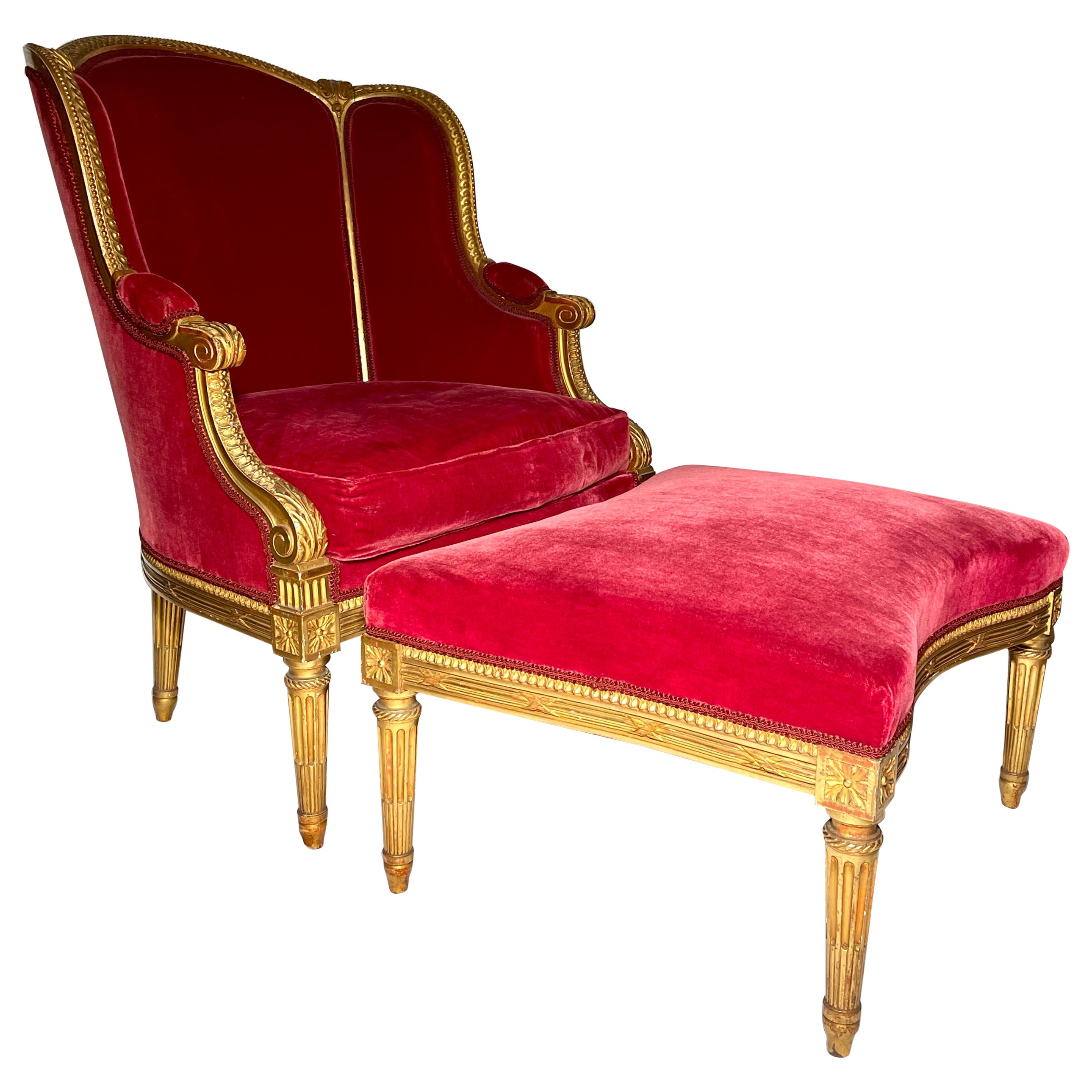 Ancienne chaise longue et ottoman Louis XVI, vers 1890