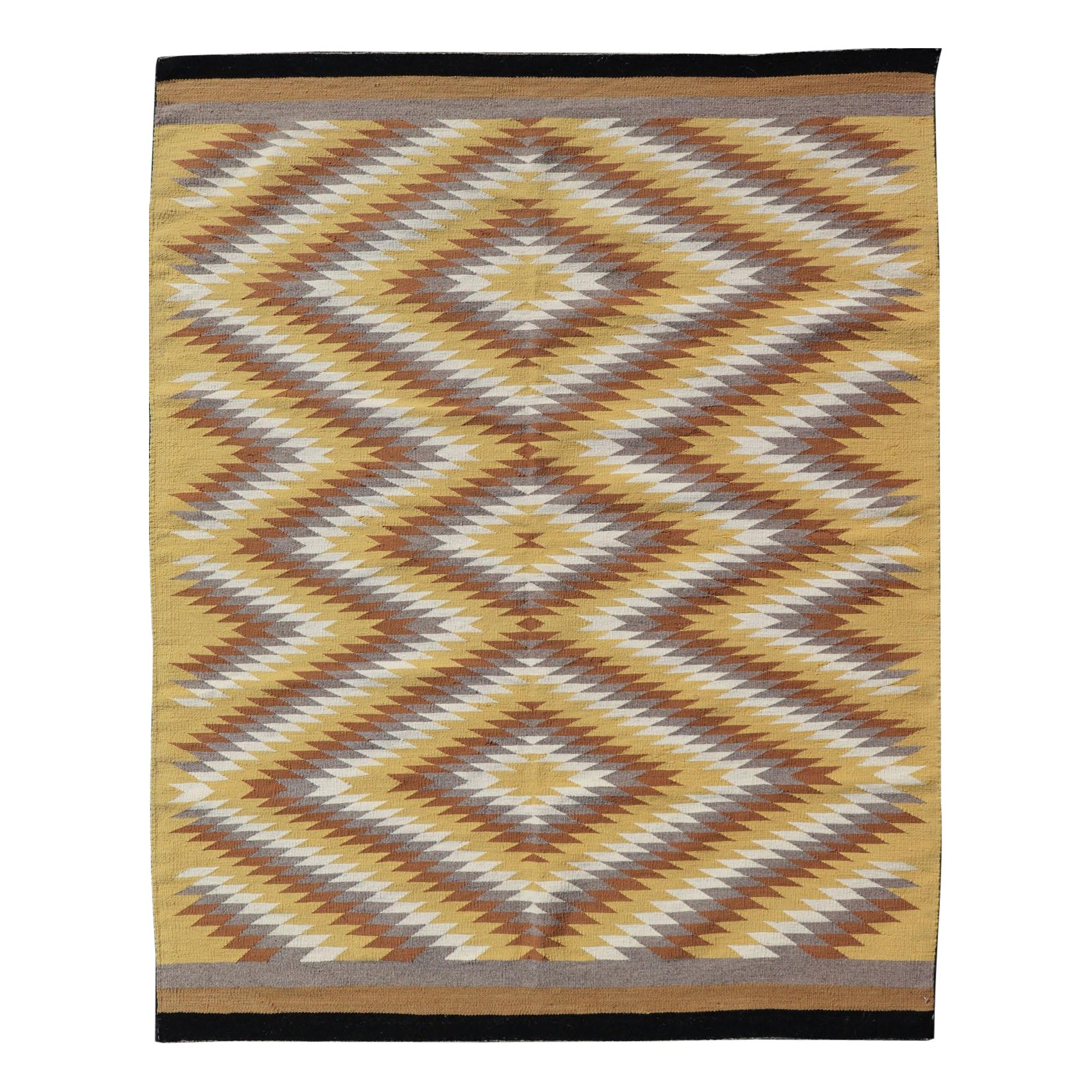 Tribal Hand Woven Vintage Navajo Kilim with Gold, Gray, Ivory, and Brown