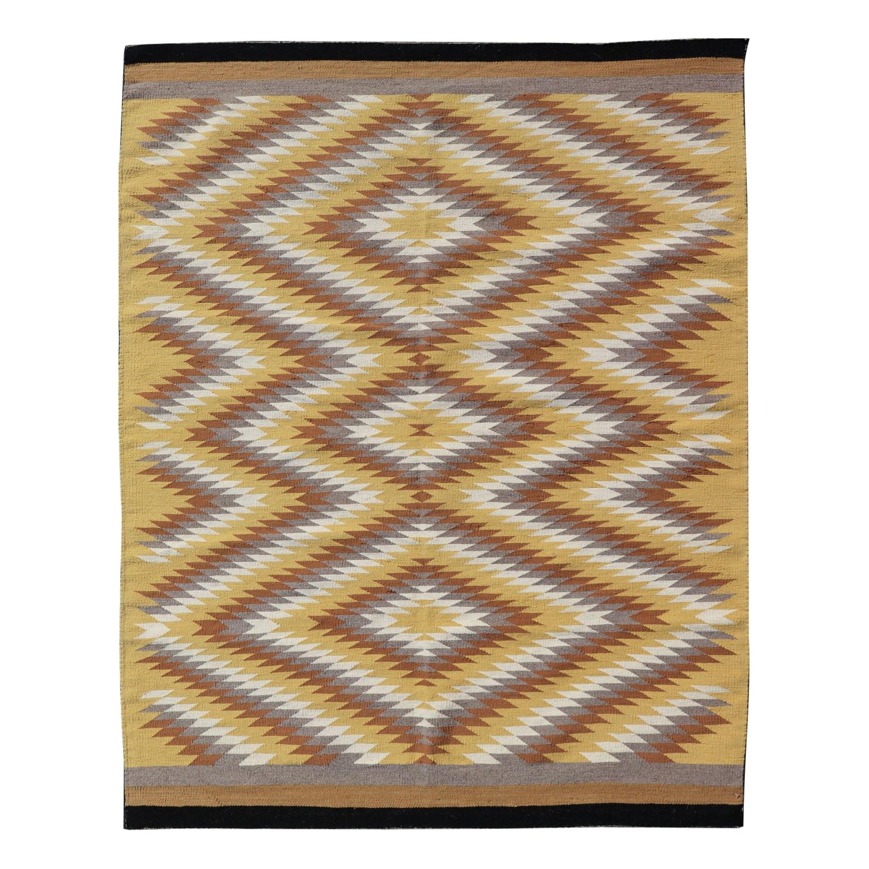 Kilim tribal vintage Navajo tissé à la main avec or, gris, ivoire et marron en vente