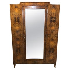 Vintage 20th Italian Deco Wardrobe in Briar Root, with One Doors with Central Mirror