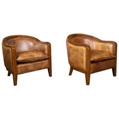 Pair of French Midcentury Brown Leather Horseshoe Club Chairs with Nailheads