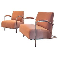 Pair of Vintage Bauhaus Louis Sognot Chrome Lounge Chairs in Pink Mohair