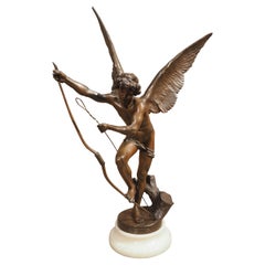 Antique Statue of Cupid with Bow on Alabaster Base, 1896
