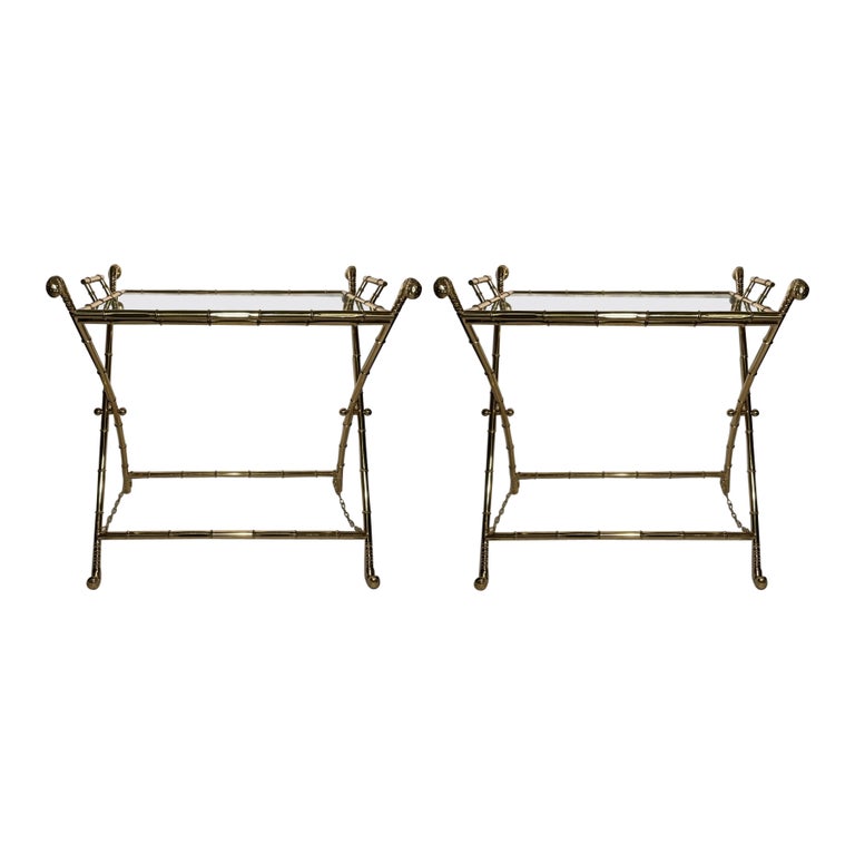 Pair Handmade Vintage Italian Solid Brass GlassTop Bar Tables. For